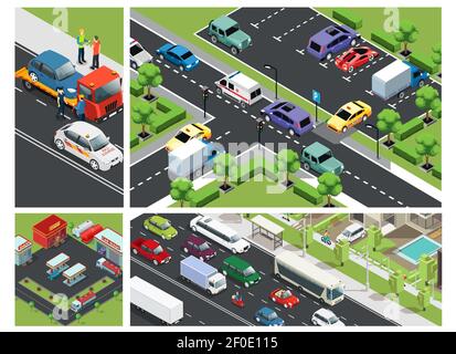Isometric urban traffic composition with cars moving on road parking building gas station and roadside assistance vector illustration Stock Vector