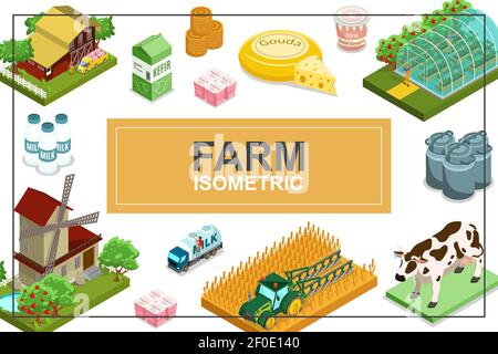 Isometric farming colorful concept with house windmill tractor greenhouse animals truck bales of hay dairy products vector illustration Stock Vector