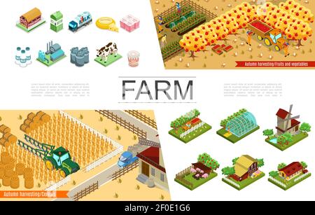 Isometric dairy factory elements set with farm packaging bottles cans ...