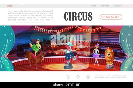 Cartoon circus web page template with clown acrobat trainers lion horse performing different tricks on arena vector illustration Stock Vector