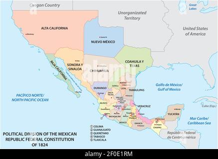 political division of the mexican republic federal constitution of 1824 Stock Vector