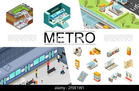 Isometric metro elements collection with train tickets travel card atm navigation map underground entrance escalator turnstiles passengers security bo Stock Vector
