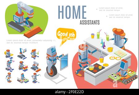 Artificial intelligence infographic concept with robotic bartender cleaner courier postman waiter home assistants robots are used in medicine cinema i Stock Vector