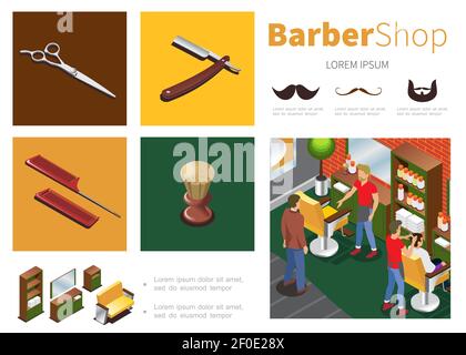 Isometric barber shop infographic template with hairdressers clients cupboard mirror sofa chairs scissors razor shaving brush combs mustache beard sil Stock Vector