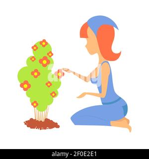 Woman gardener with a cart and flowers. Female character in a garden growing plants. Gardening together planting flowers in the garden. Farmer girl Stock Vector