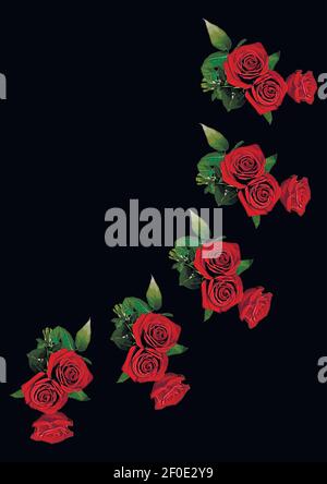 Frames - a bouquet of three red roses. Flowers on the black background of the A4, vertical image. Isolate. Plants Stock Vector