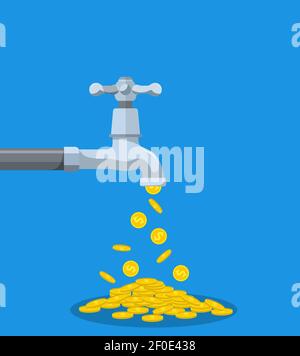 Golden coins fall out of the metal tap Stock Vector