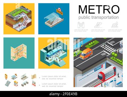 Isometric metro infographic concept with subway station platform underground entrance passengers train navigation map ticket booth turnstiles escalato Stock Vector