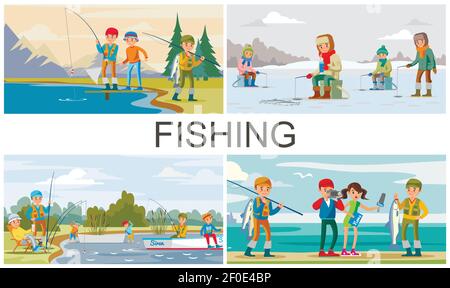 Flat fishing hobby composition with summer and winter fishing and reporter interview fisher who caught big fish vector illustration Stock Vector