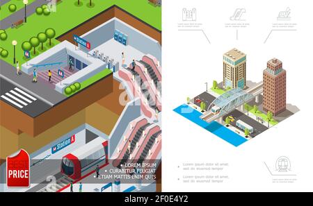 Isometric subway concept with people on underground platform vector ...