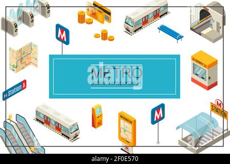 Isometric subway concept with train metro station turnstiles coins travel cards train bench security booth information board map atm escalator vector Stock Vector