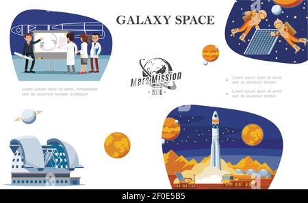 Flat space composition with scientists astronauts in outer space planetarium planets moon rover and rocket launch vector illustration Stock Vector