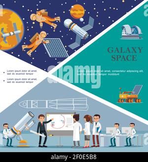 Flat galaxy template with scientists in observatory moon rover planetarium astronauts fix satellite in outer space vector illustration Stock Vector