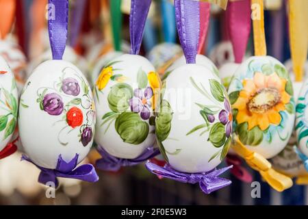 Small colored easter eggs, decorative object for sale in a local flea market in Budapest. Typical object of the Easter time Stock Photo