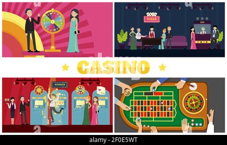 Flat casino colorful composition with fortune wheel clients happy winner croupiers waitress slot machines players around poker table vector illustrati Stock Vector
