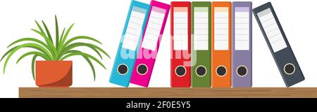 Wooden shelf with binder folders and flowerpot Stock Vector