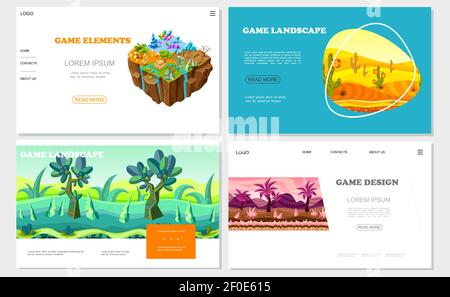 Isometric game nature design websites set with different grounds minerals stones desert river fantasy forest and mountains landscapes vector illustrat Stock Vector
