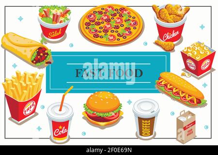 Isometric fast food concept with coffee and cola cups doner pizza salad popcorn bucket hot dog burger french fries chicken legs vector illustration Stock Vector