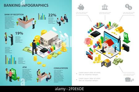 Isometric banking process infographic concept with online payments money coins gold bars calculator clients bank workers vector illustration Stock Vector
