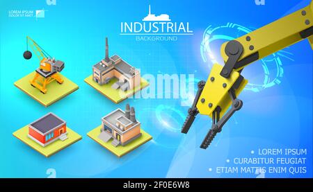 Modern industrial light template with realistic mechanical automated robotic arm and isometric construction crane factory  warehouse vector illustrati Stock Vector