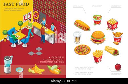 Isometric fast food restaurant concept with people eating in cafe coffee cup cola burger pizza french fries popcorn salad doner hot dog vector Stock Vector