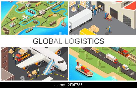 Isometric global transportation composition with world logistic network vehicles warehouse workers airplane and truck loading process vector illustrat Stock Vector