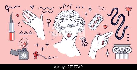 Modern ancient aesthetic - set of hand drawn stickers. Classic statues in modern style, ancient marble bust of Venus goddess Stock Vector