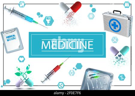 Realistic medicine concept with notepad capsules medical kit icons syringes and surgical instruments in metal sterilizer vector illustration Stock Vector