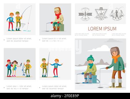 Flat fishing infographic template with summer and winter fishing fishers journalist interview fisherman who caught big fish vector illustration Stock Vector