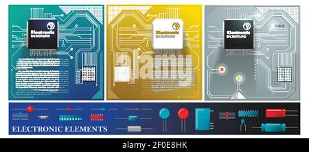 Flat electronic colorful composition with electric circuit boards diodes transistors capacitors and resistors vector illustration Stock Vector
