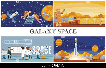 Flat space exploration composition with astronauts fix satellite mars colonization scientists and rocket launch vector illustration Stock Vector