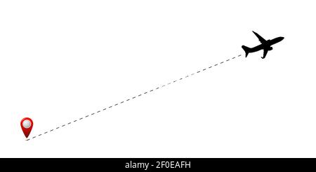 The flight path of the aircraft from the point of departure is indicated by a dotted line. Vector flat illustration. Stock Vector