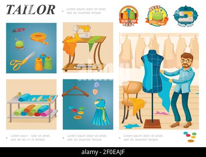 Flat tailoring infographic template with master hanger fabric buttons scissors measuring tape thread spools clipper sewing machine thimble tailor labe Stock Vector