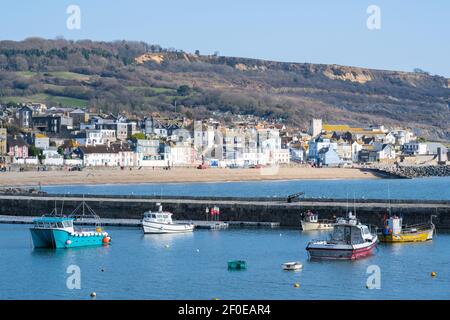 Lyme Regis, Dorset, UK. 7th Mar, 2021. UK Weather: Glorious spring sunshine at the seaside resort of Lyme Regis. Boats moored in the Cobb harbour with the pretty town in the background bathed in spring sunshine. Credit: Celia McMahon/Alamy Live News Stock Photo