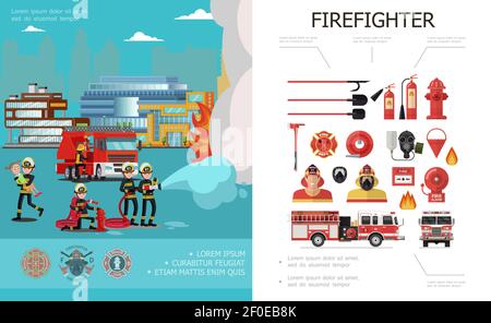 Flat firefighting colorful concept with rescue brigade extinguishing fire firemen alarm bell bucket axe fire truck hose extinguishers hydrants gas mas Stock Vector