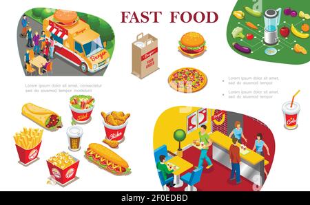 Isometric fast food concept with street food fastfood restaurant fruits vegetables hot dog french fries coffee cola pizza burger vector illustration Stock Vector