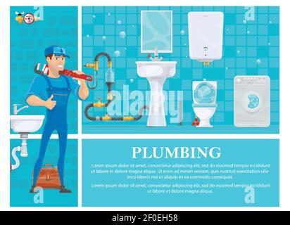 Cartoon plumbing composition with plumber in uniform holding pipe wrench washing machine mirror heating boiler toilet washbasin toolbox sewerage Stock Vector