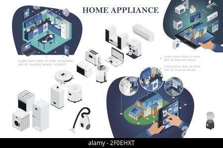 Isometric smart home composition with remote control of household appliances from modern digital devices vector illustration Stock Vector