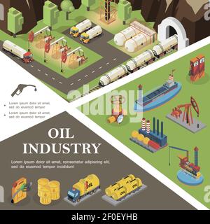 Isometric oil industry concept with tanker drilling rigs refinery plant pipeline valve trucks canisters cisterns barrels of petrol fuel nozzle vector Stock Vector