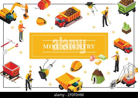 Isometric mining industry concept with quarry machine heavy truck excavator trolley miners hammer drill shovel pickaxe helmet precious stones dynamite Stock Vector