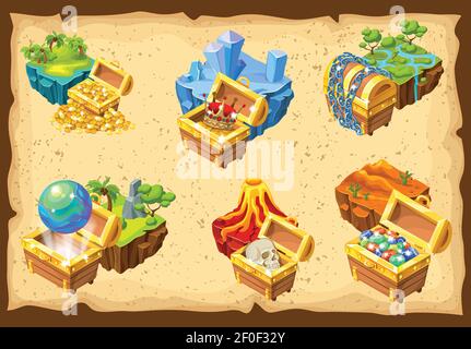 Isometric set of gaming islands with various landscapes and hidden treasures on light background isolated vector illustration Stock Vector