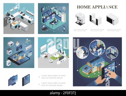 Isometric smart home composition with remote control of household appliances from tablet laptop phone smartwatches kitchen and living room interiors v Stock Vector