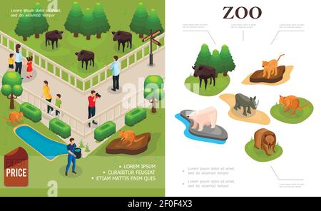 Zoo colorful concept with visitors watching and photographing buffalos kangaroos and different animals in isometric style vector illustration Stock Vector