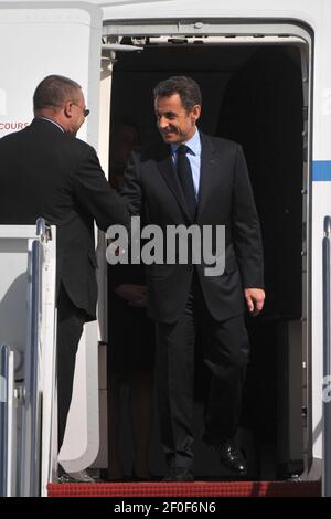 12 April 2010 - Andrews Air Force Base, MD - French President Nicolas Sarkozy arrives for the Nuclear Security Summit, at Andrews Air Force Base, Maryland, April 12, 2010. Photo Credit: Kevin Dietsch/Pool/Sipa Press/1004131951