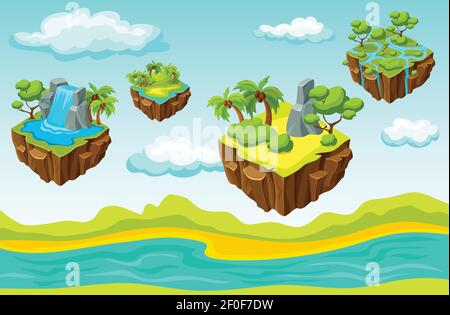 Computer game level including hanging islands with various sceneries on natural landscape background isometric template vector illustration Stock Vector