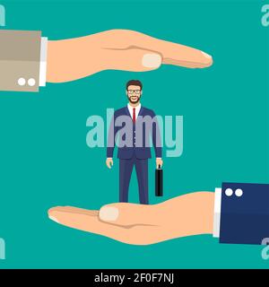 Businessman in hands palm holds client. Stock Vector