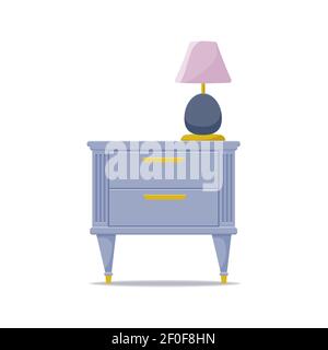 Bedroom nightstand with drawer and decor. Vector isolated on white background. Stock Vector