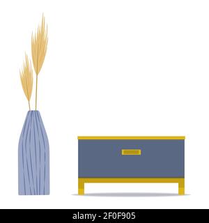 Bedroom nightstand with drawer and decor. Vector isolated on white background. Stock Vector