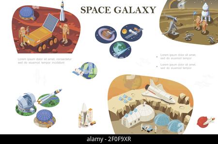 Isometric space exploration composition with astronauts meeting with aliens cosmic bases shuttle rover rocket on different planets vector illustration Stock Vector