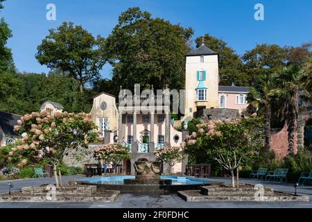 Portmeirion Village, designed and built by Sir Clough William-Ellis situated on the estuary of the River Dwyryd, Gwynedd, North Wales. Stock Photo